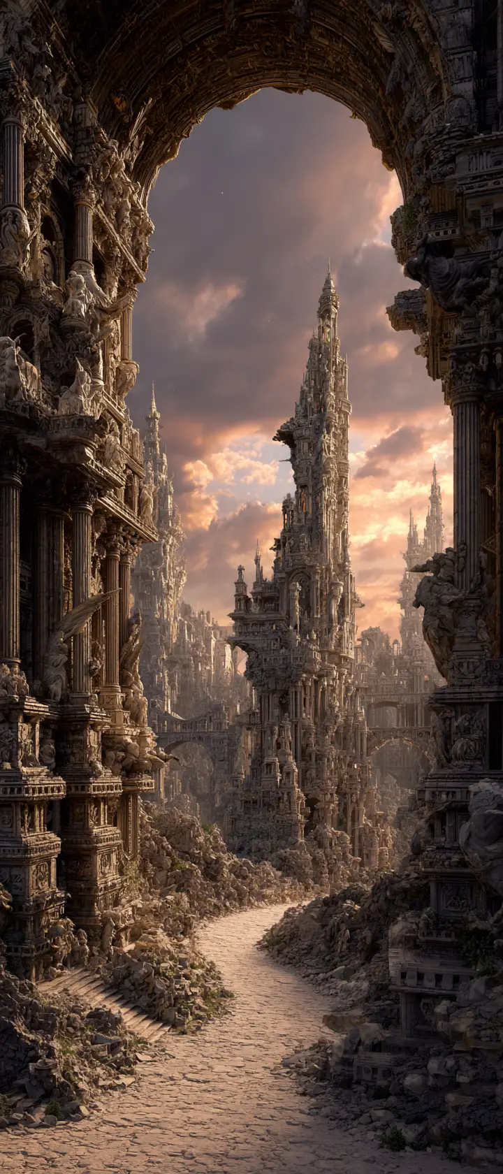 Ancient ruined city in sunset light with gothic statues