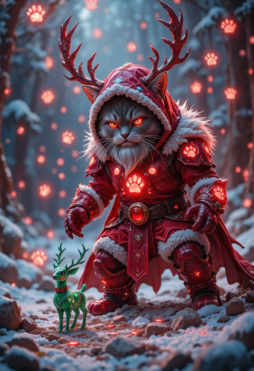 Crystal tabby cat warrior in rune covered santa armor