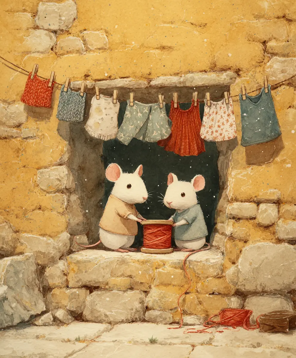 Two tiny mice hanging laundry in a cozy house