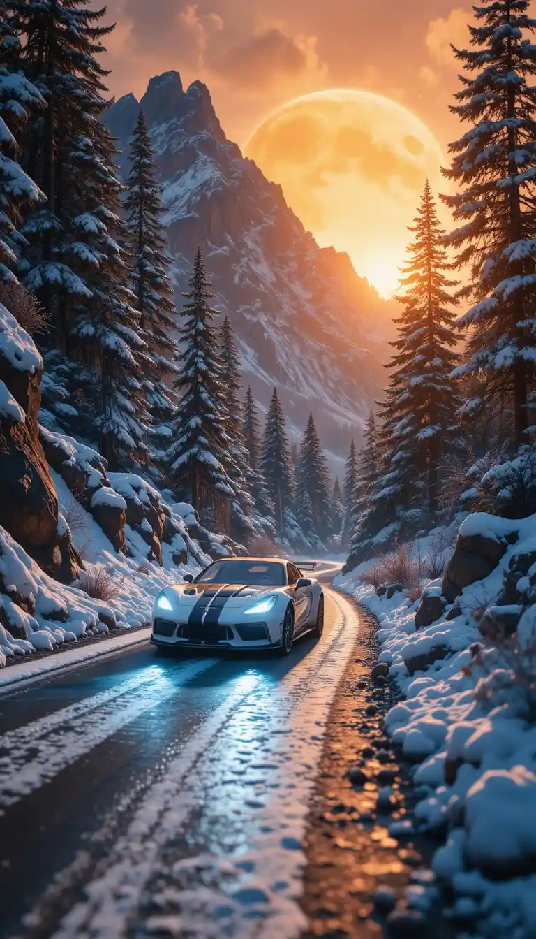 Sports car on winter mountain road at glowing sunset
