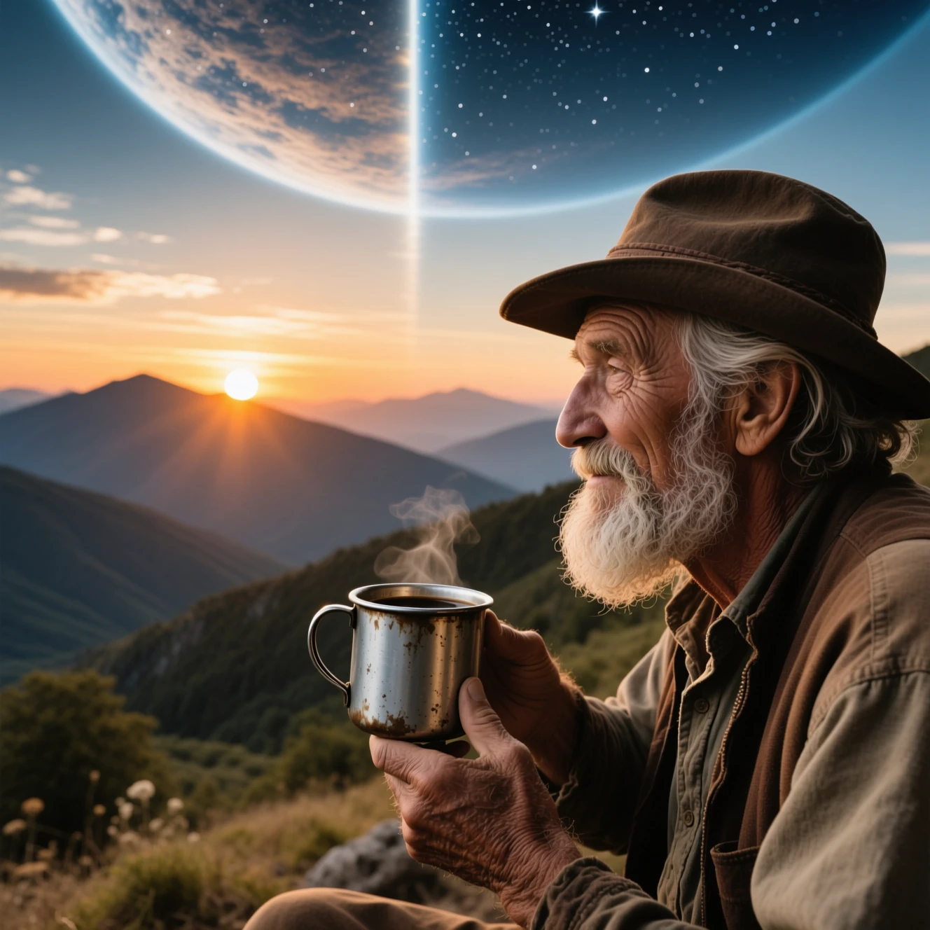 Alter Hillbilly trinkt Kaffee beim Sonnenaufgang in den Bergen