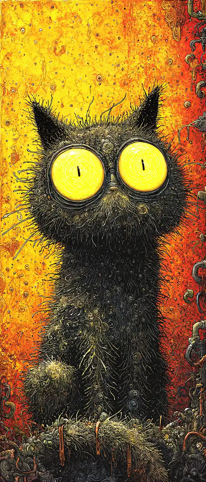 Chat noir d’anime triste aux yeux jaunes lumineux dans le goudron