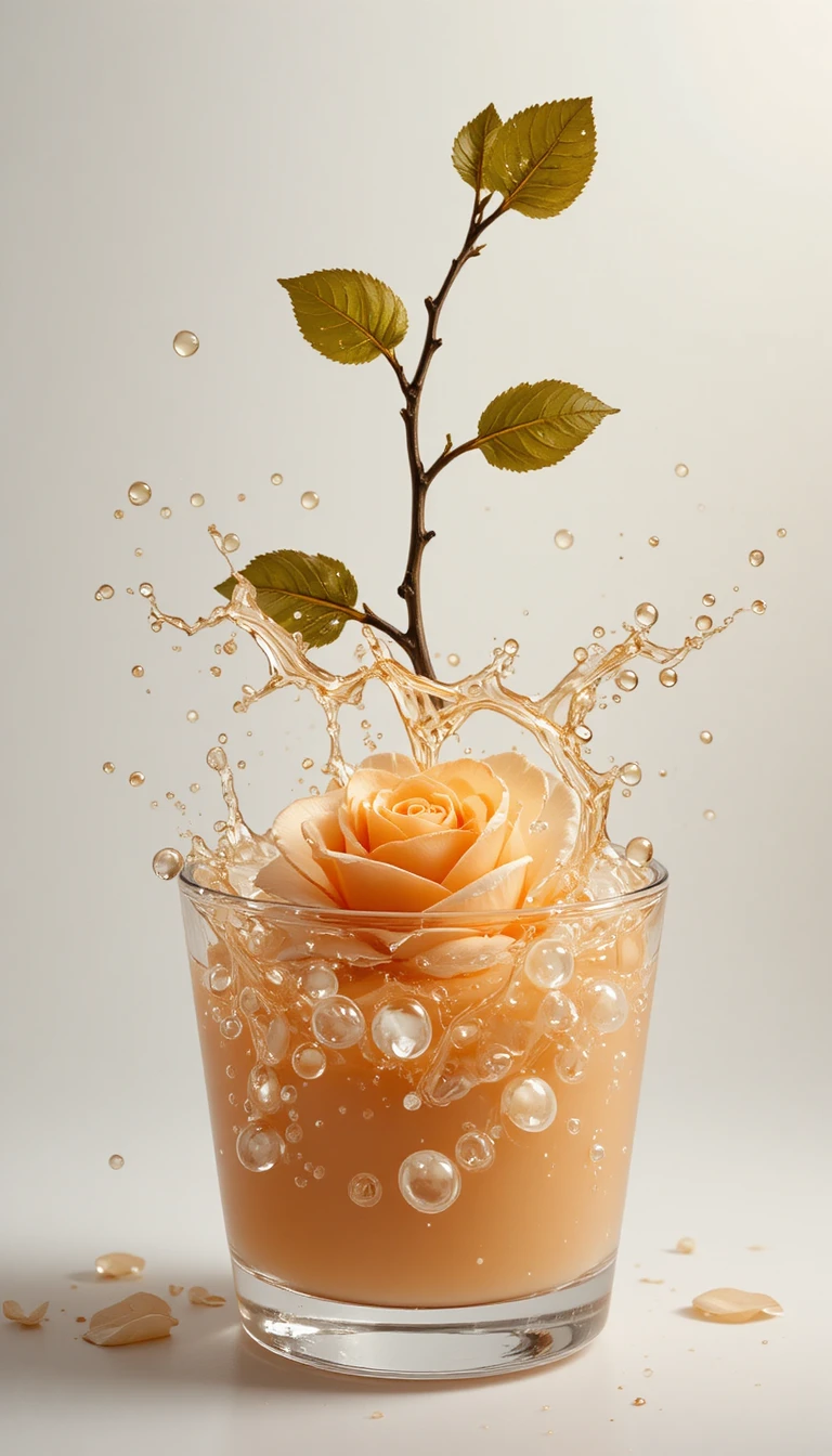 Cream Rose Branch Sinking Into Peach Pudding Dessert