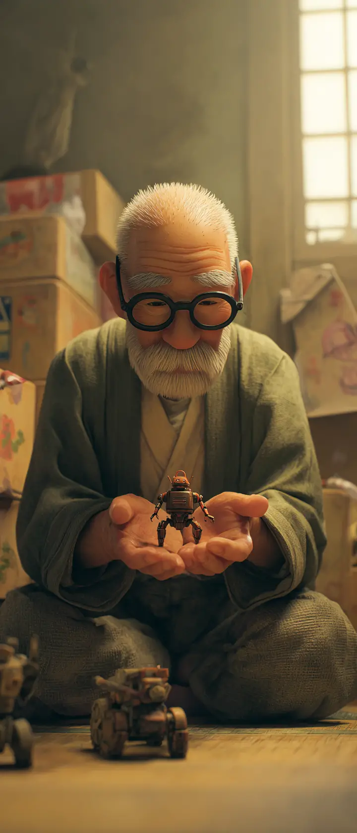 Elderly man holding childhood toy in dusty bedroom