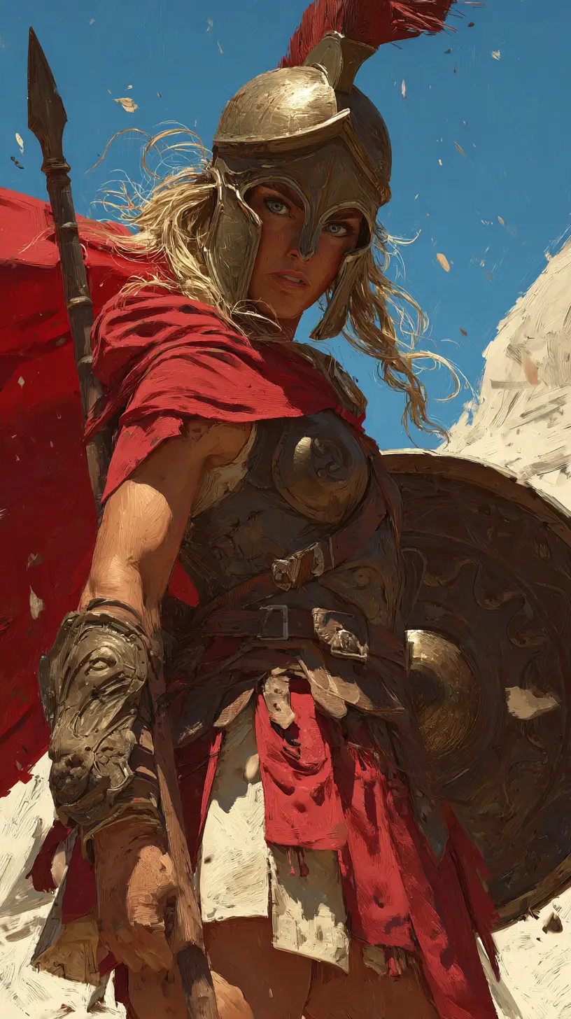 Spartan warrior woman on a sunlit battlefield portrait