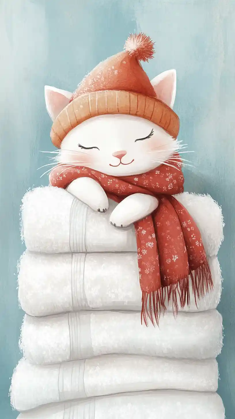 Watercolor cartoon cat napping on folded white towels