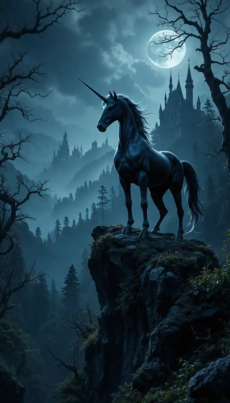 Majestätisches Einhorn auf einer Klippe über einem mondbeschienenen Fantasy-Wald