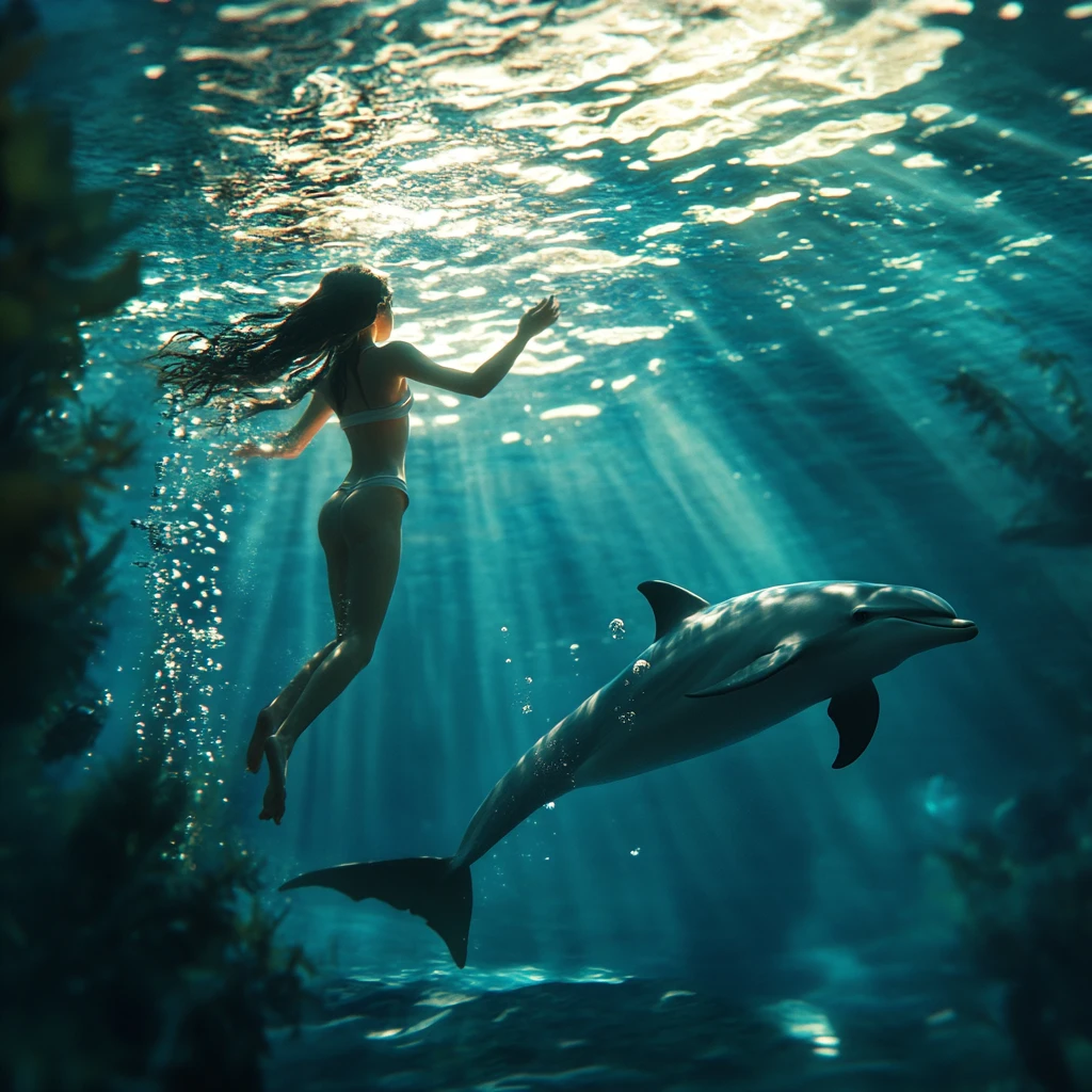 Junges Mädchen schwimmt unter Wasser neben einem anmutigen Delfin
