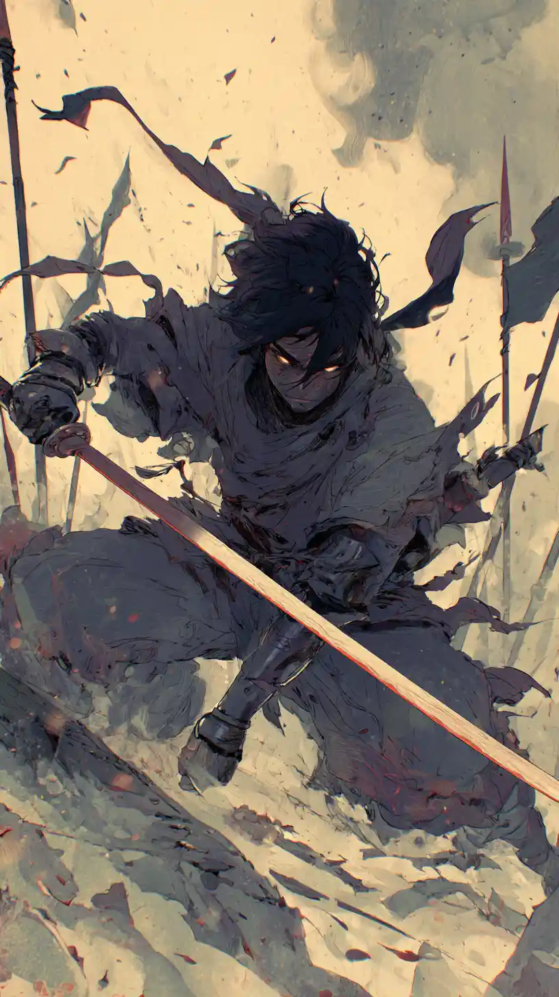 Lone anime warrior with sword on ruined battlefield