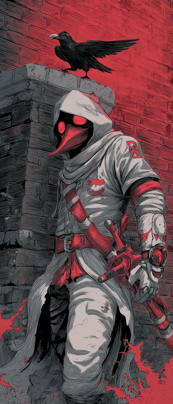 Masked vigilante before a worn brick wall