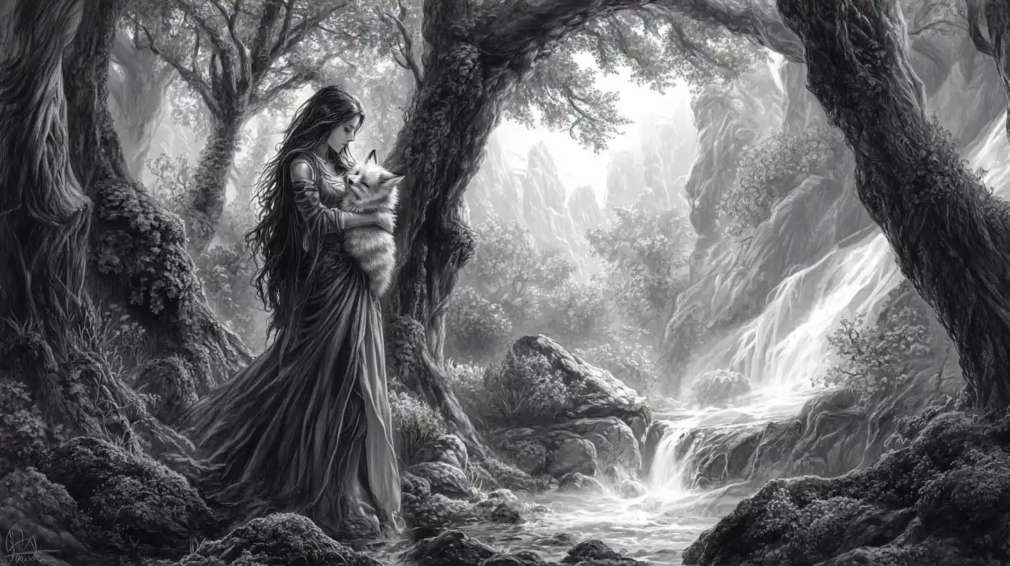 Ethereal Woman Holding Fox In Enchanted Forest Drawing