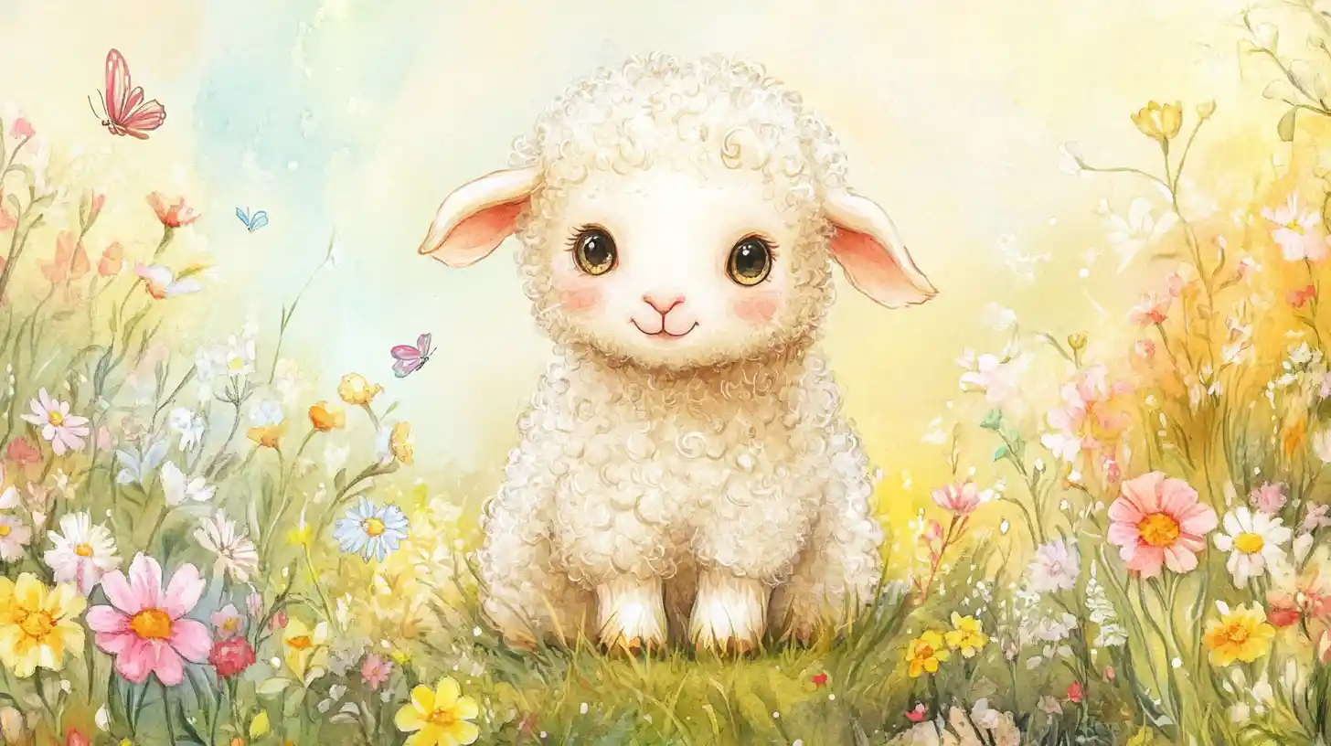 Aquarell-Baby-Lamm in einer sonnigen Wildblumenwiese