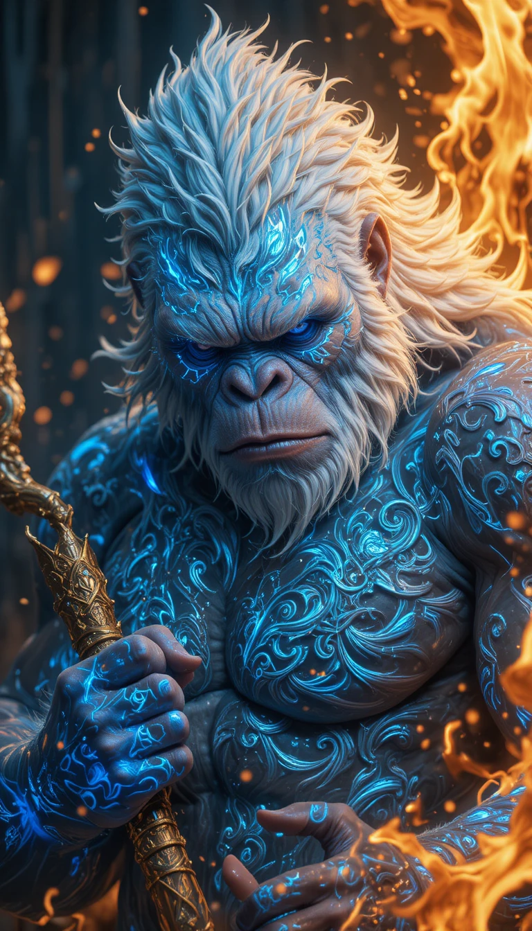 White gorilla warrior with glowing blue tribal fur