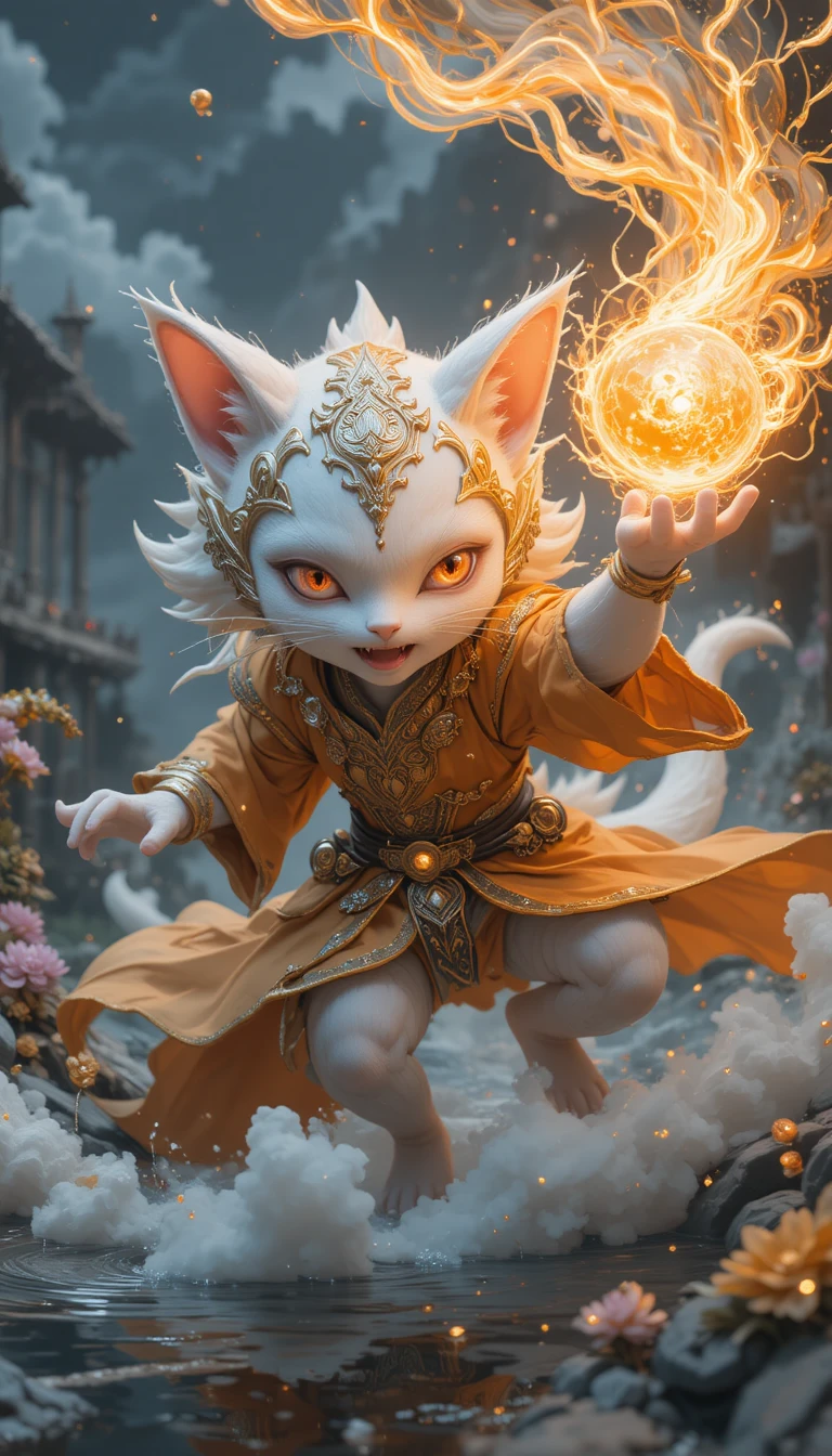 Majestic spirit cat charging before a white fairy palace