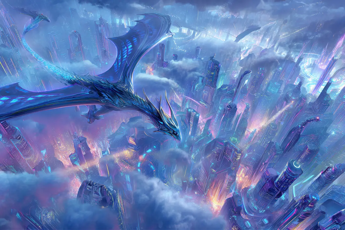 Futuristic Mechanical Dragon Flying Over Neon City Skies