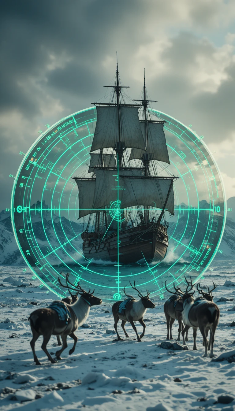 Four masted sailing ship and reindeer on futuristic radar display
