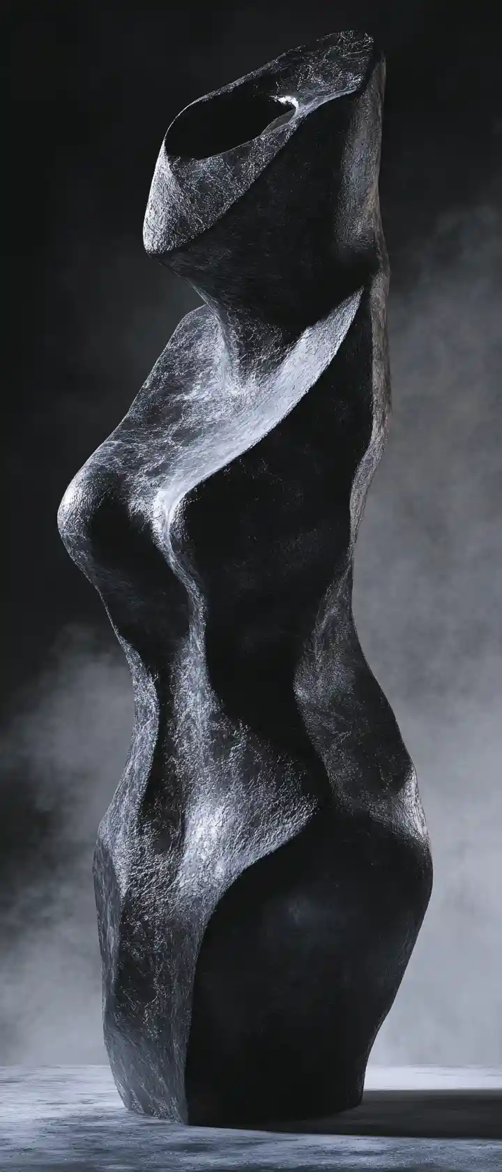 Photorealistic female torso sculpture in misty profile view