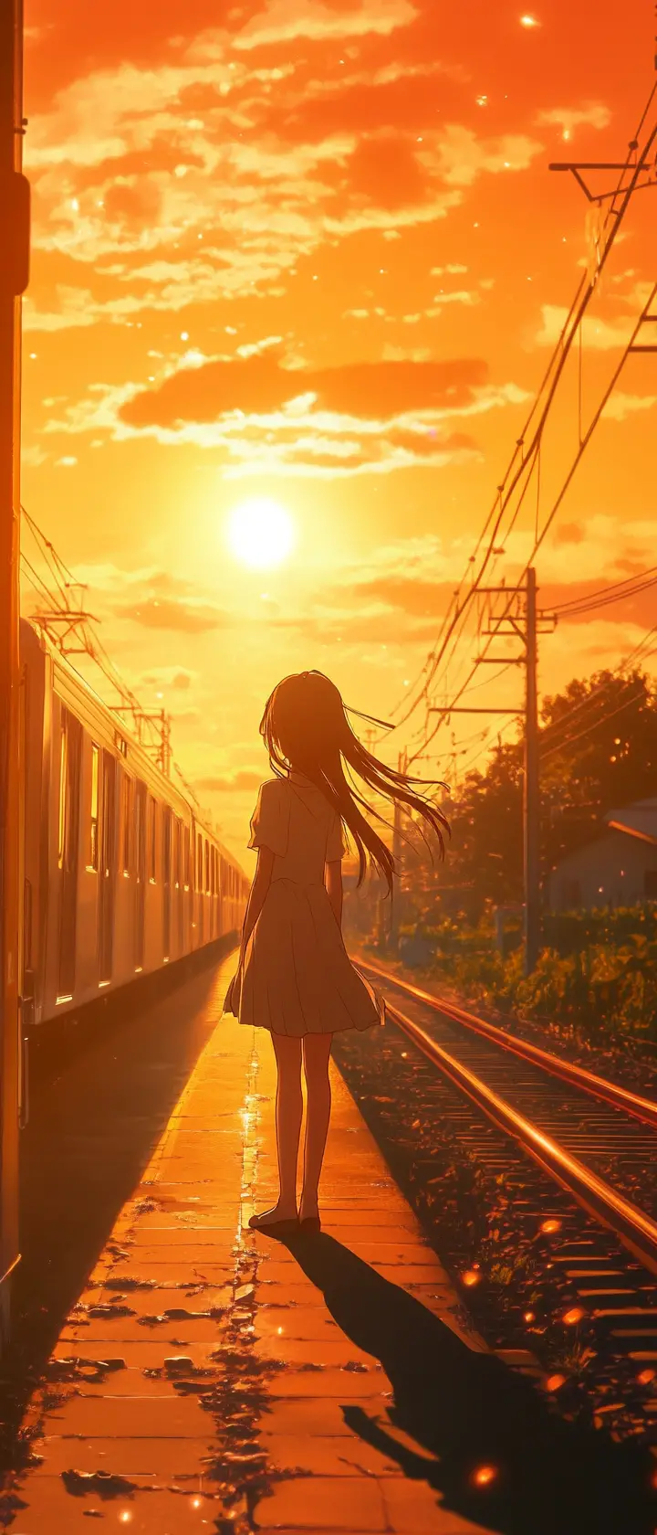 Teenage girl on empty platform at sunset train departure
