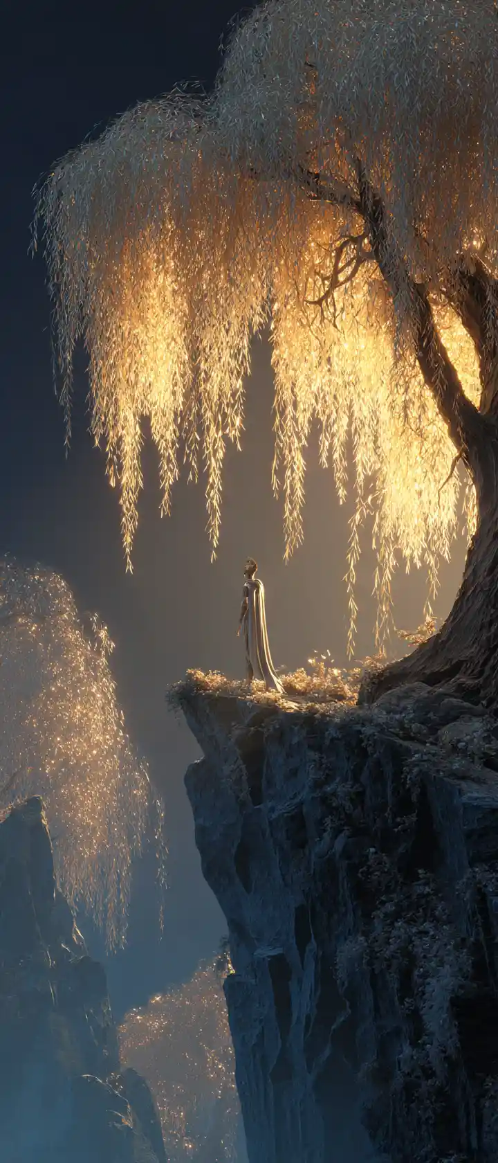 Fantasy avatar on cliff beside glowing willow tree
