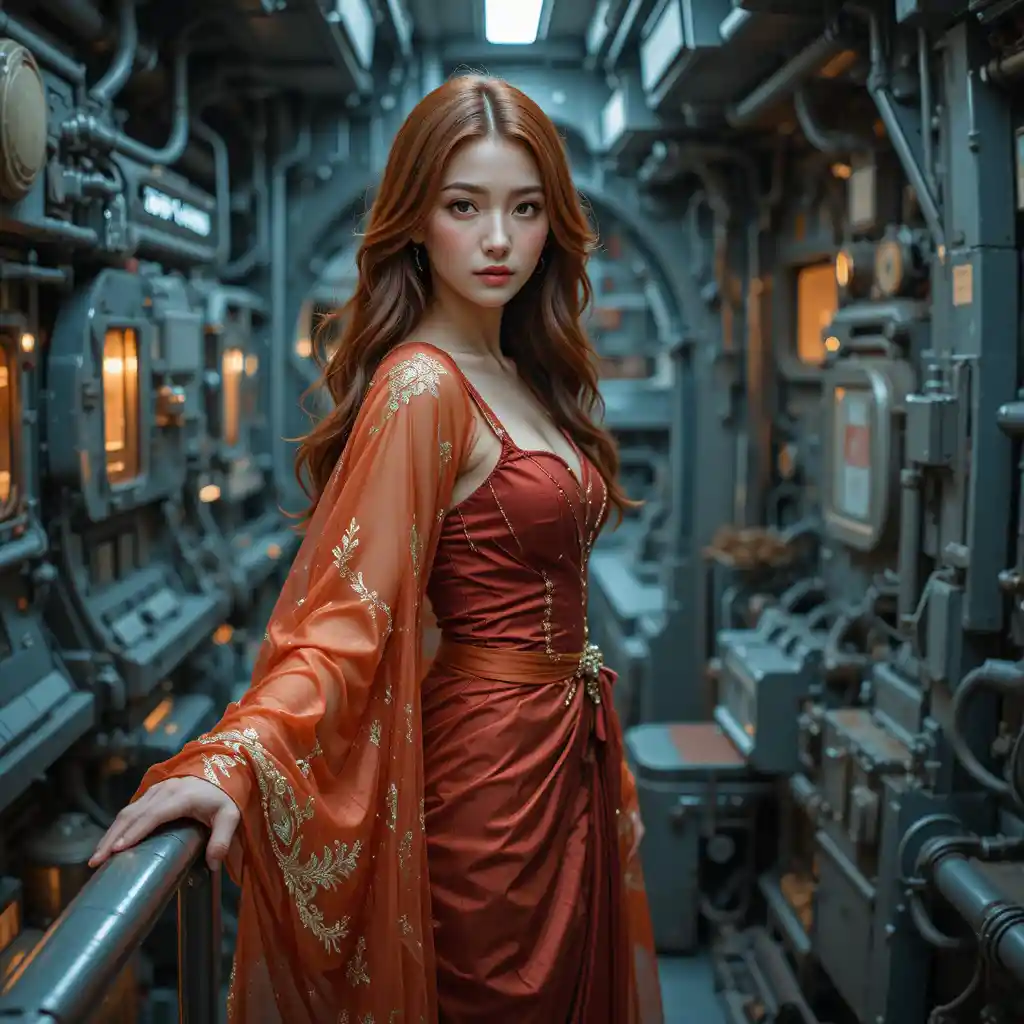 Elegant woman on metal catwalk above industrial cargo bay