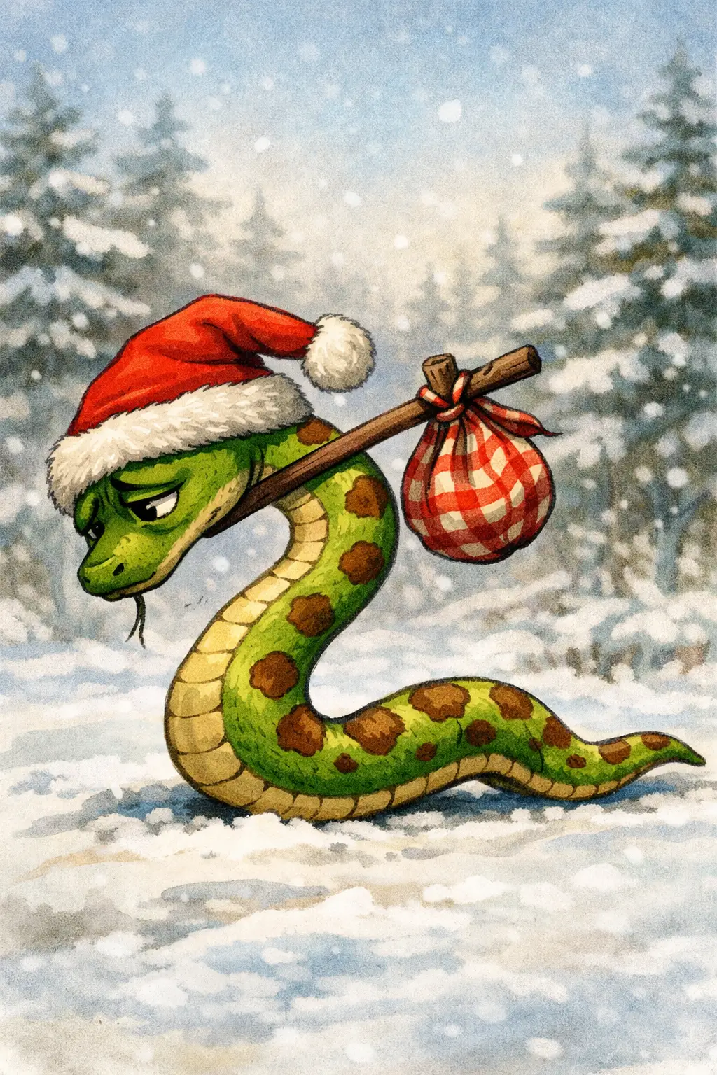 Sad green snake with christmas hat in snowy forest