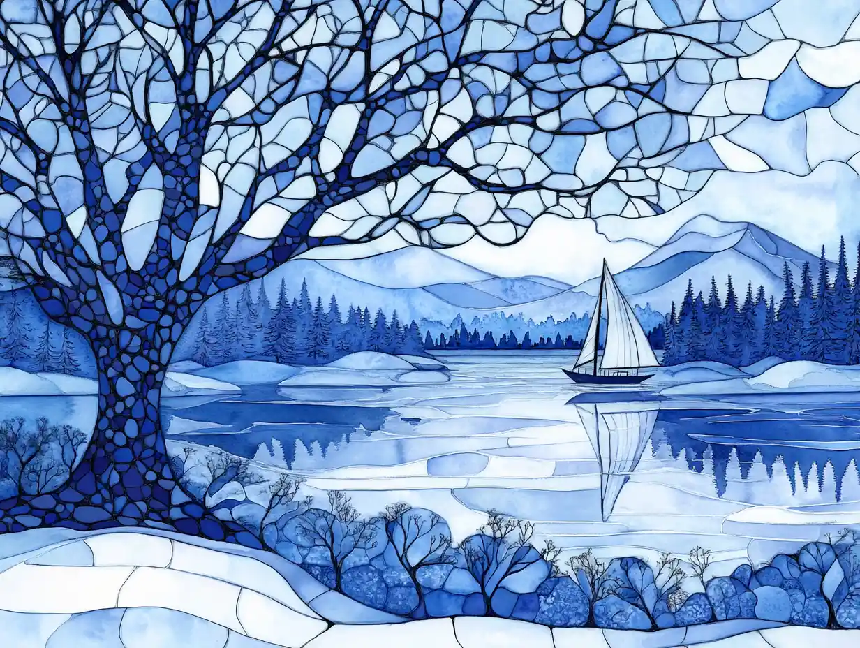 Stained glass style blue watercolor icy winter landscape