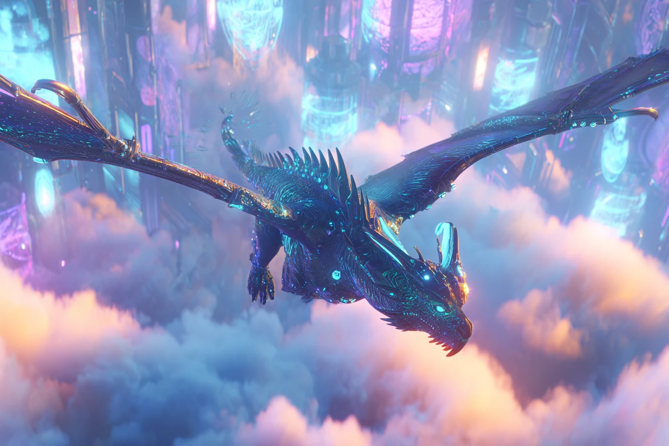 Dragon cybernétique planant au-dessus d’une ville futuriste néon
