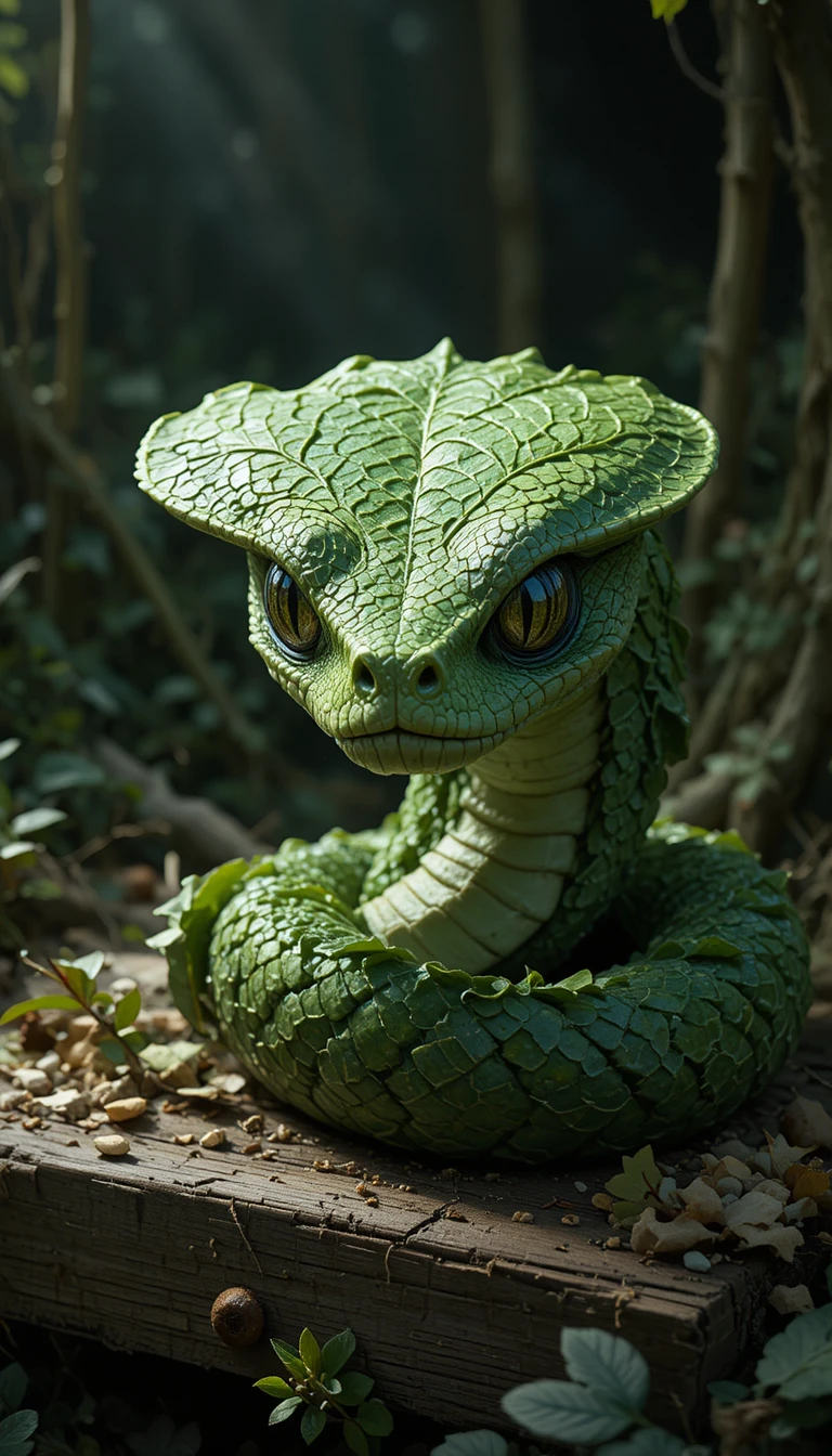 Green cabbage snake head on rustic wooden workbench