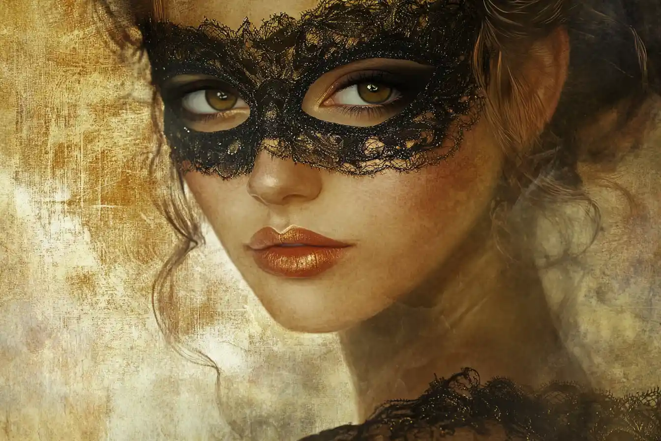 Full length digital painting of woman at masquerade ball