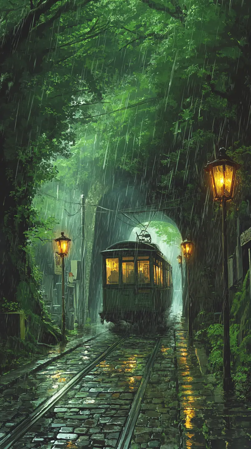 Old bus emerging from tunnel on a rainy forest road