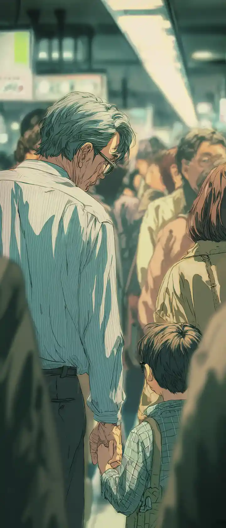 Mittlerer Angestellter erstarrt in einem überfüllten Bahnhof