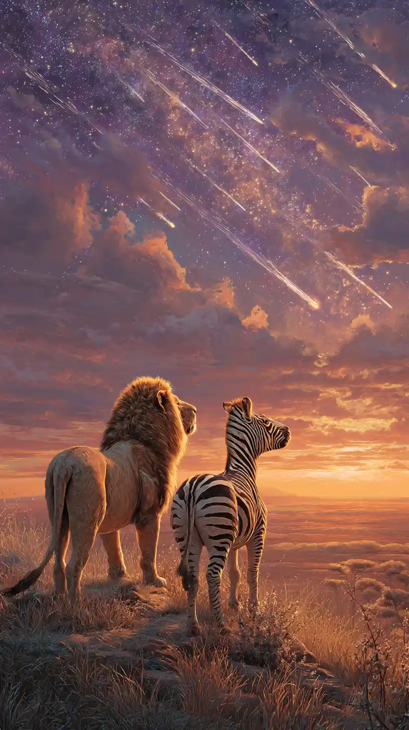 Lion and zebra watching a meteor shower at dawn