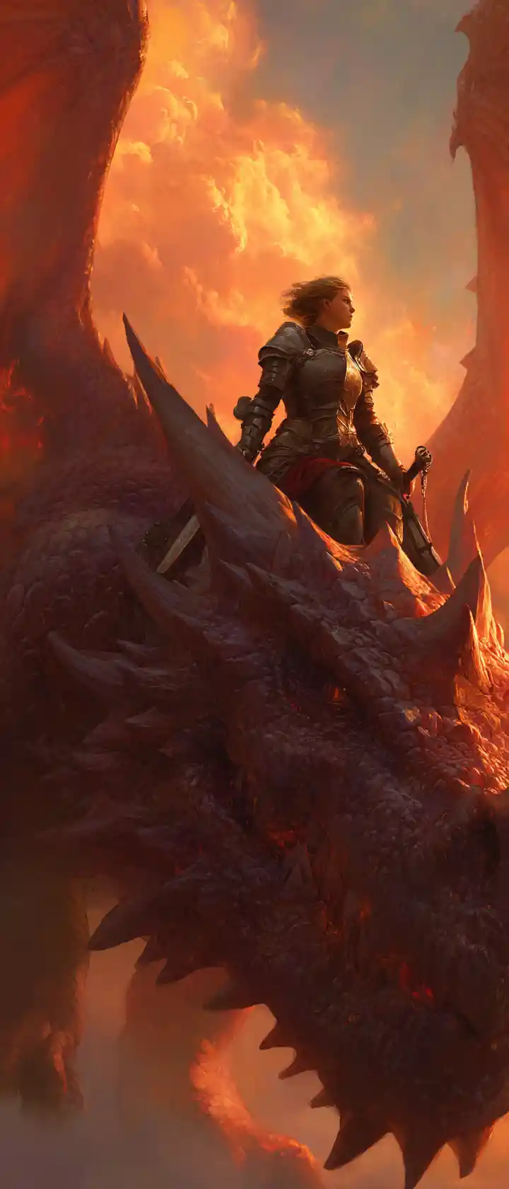 Armored hero riding a dragon in fiery fantasy sky