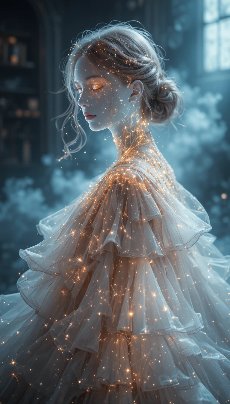 Glowing Line Art Woman In A Flowing Star Dust Gown