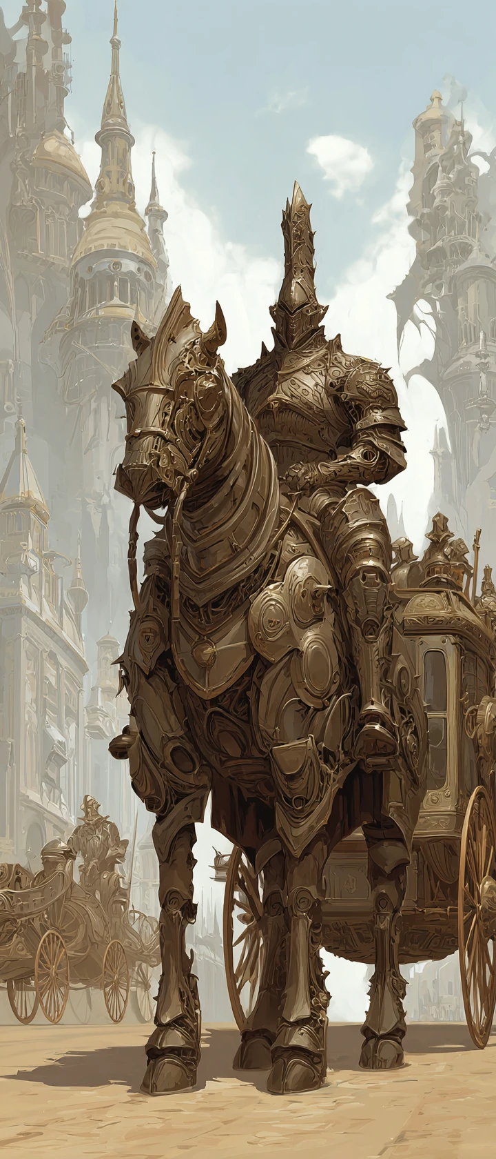 Majestuoso caballero steampunk sobre un reluciente corcel mecánico