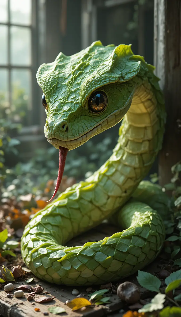 Green leaf snake head sculpture on rustic wooden workbench