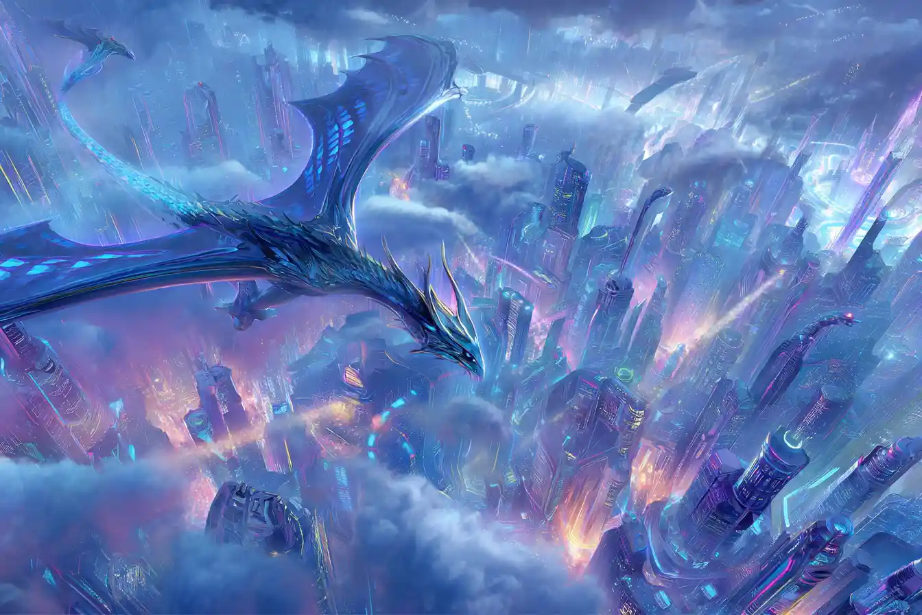 Futuristic Mechanical Dragon Flying Over Neon City Skies