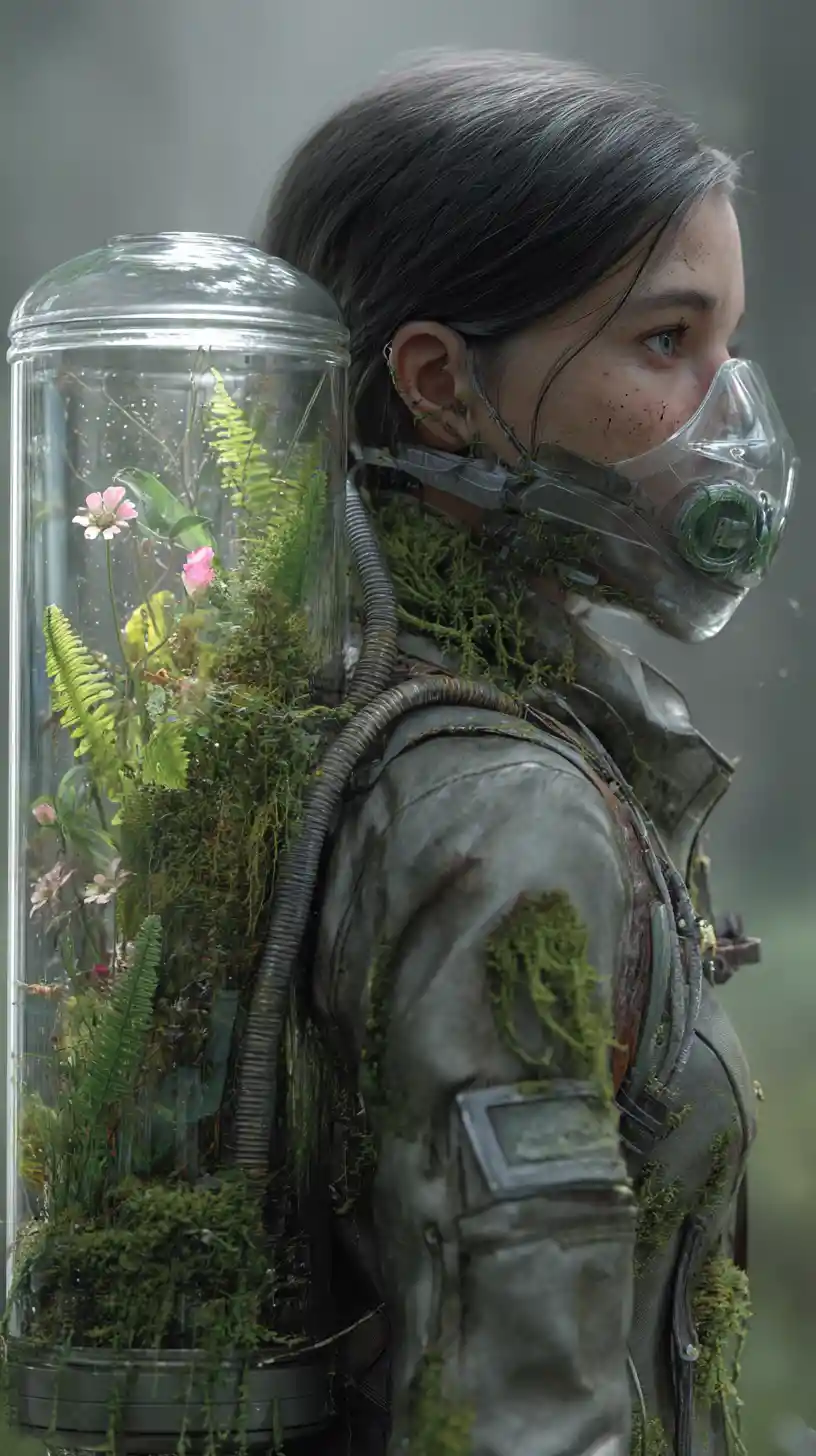 Woman carrying a living terrarium in ruined city