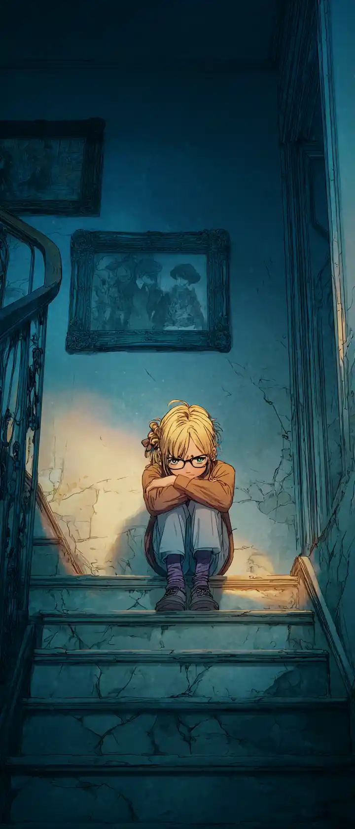 Crying anime girl sitting on dark home staircase