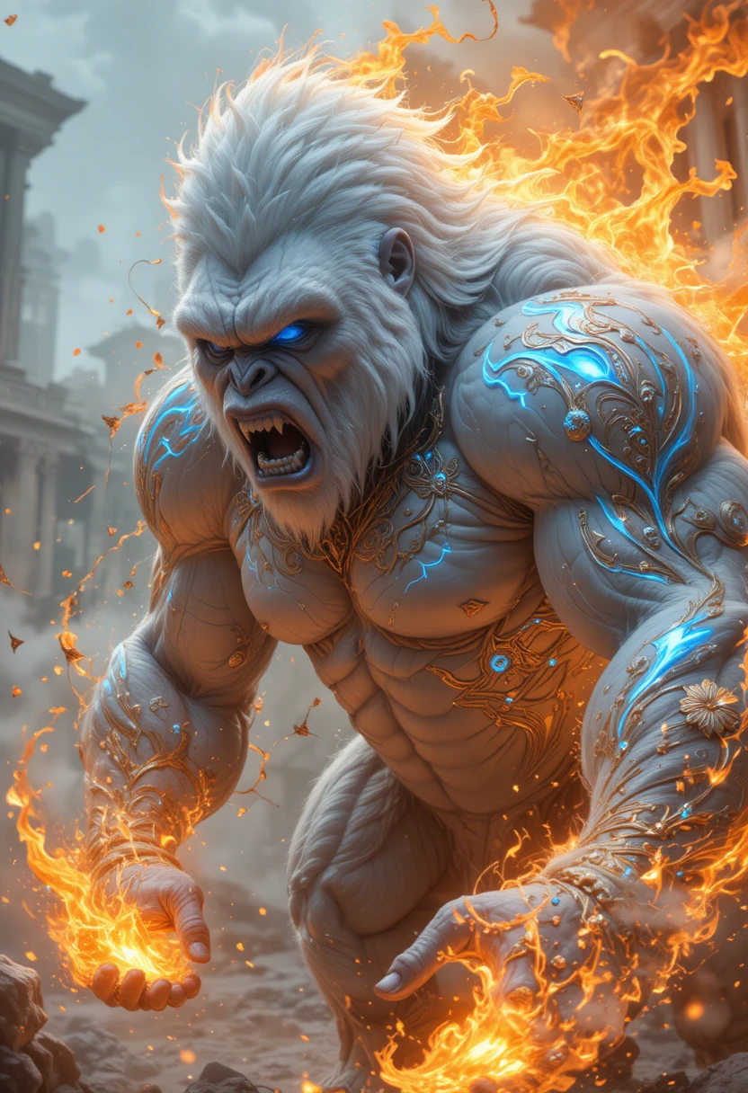 Mythic white gorilla warrior guarding a luminous fantasy palace