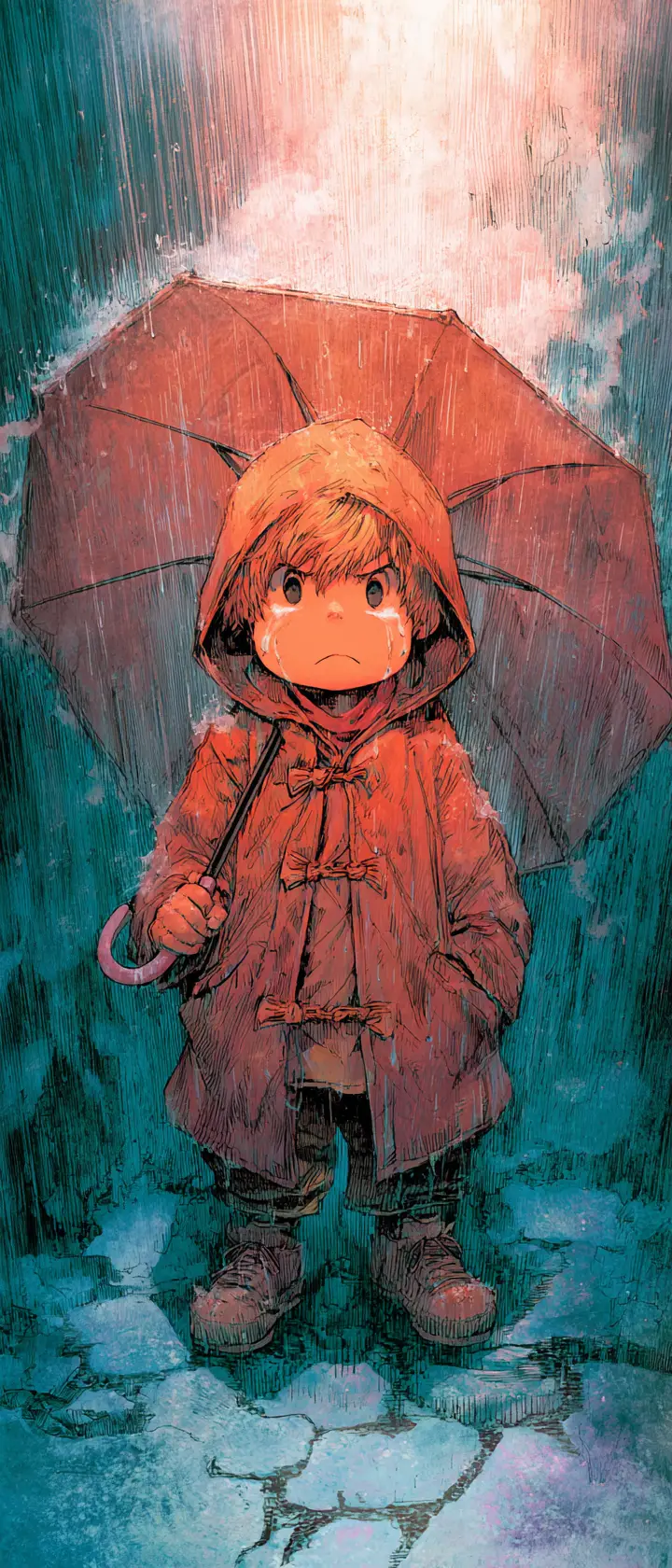 Young boy in raincoat glaring out from under umbrella