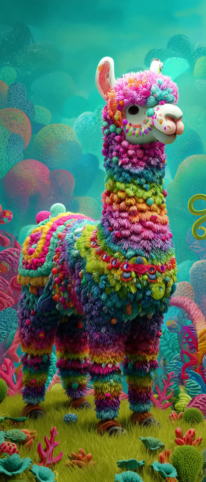 Colorful llama standing in a whimsical fantasy field