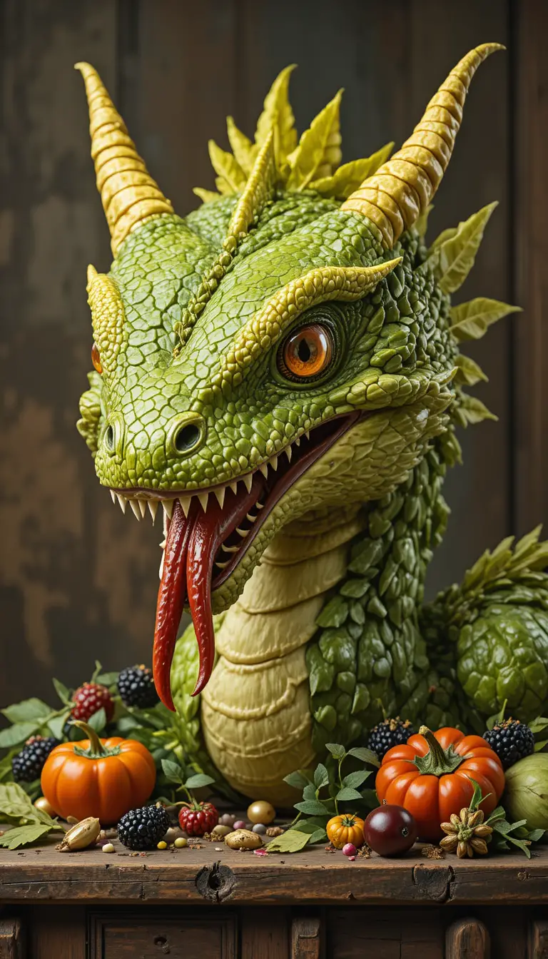 Vegetable dragon head sculpture on rustic wooden workbench