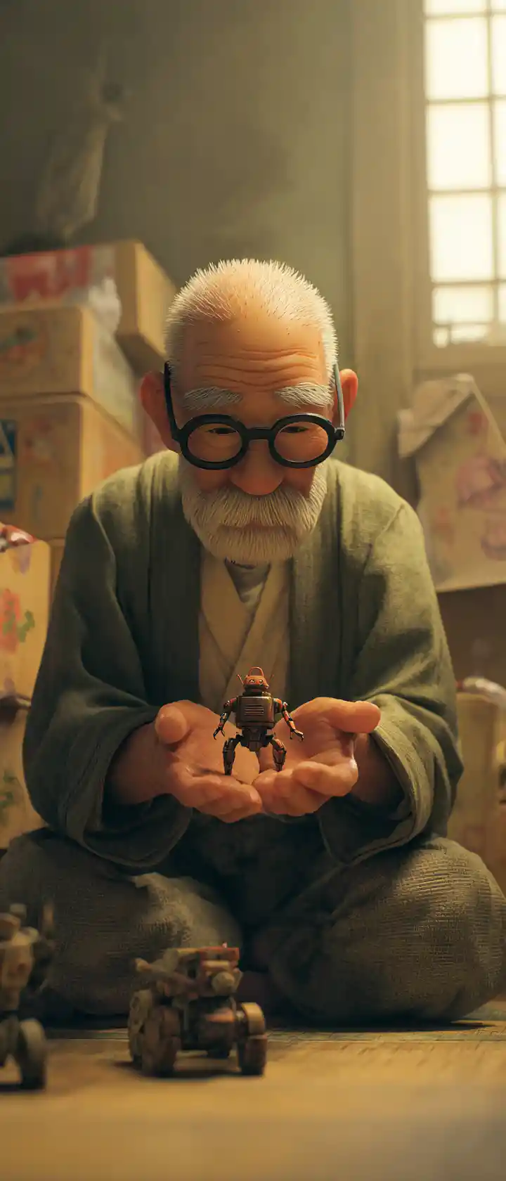 Elderly man holding childhood toy in dusty bedroom