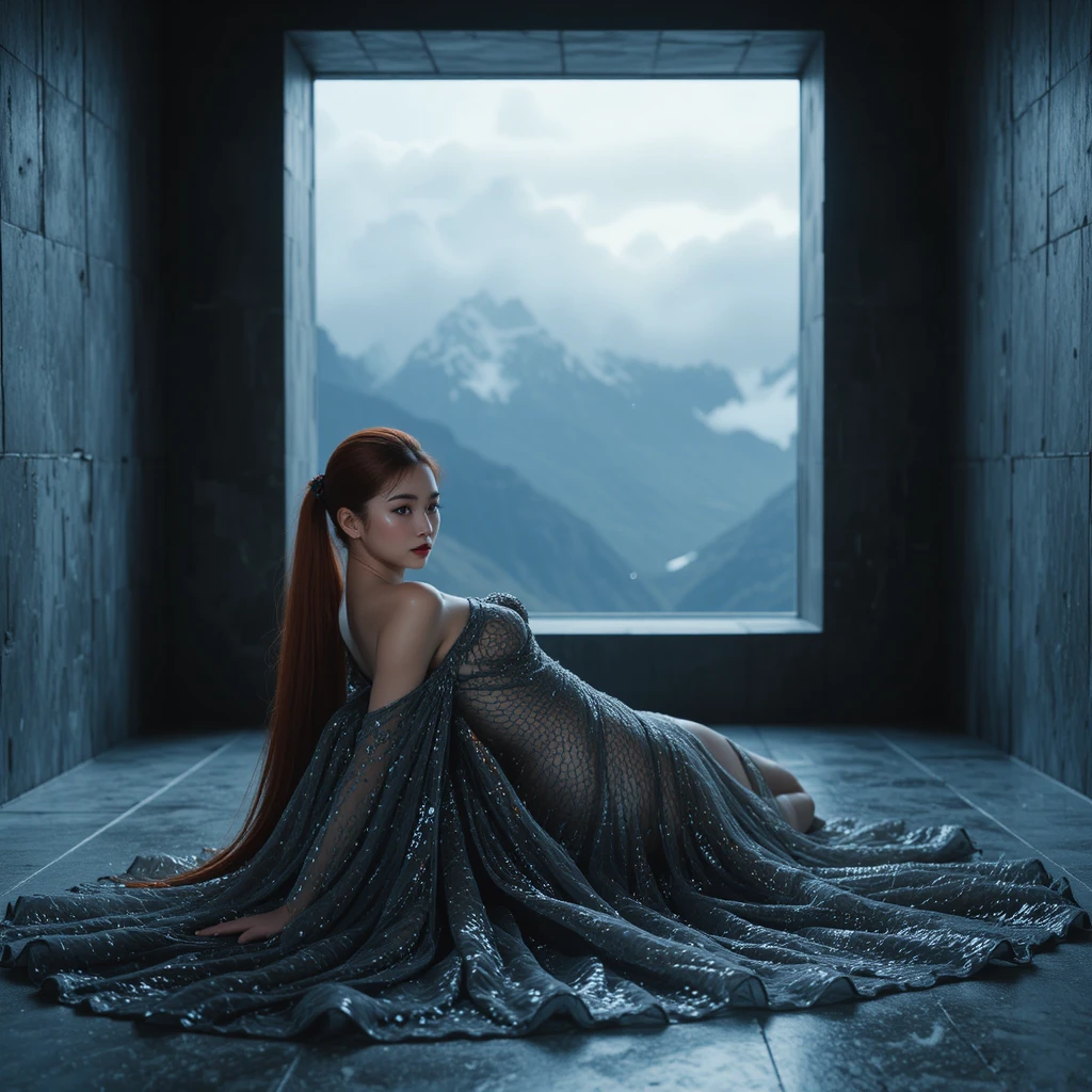 Korean woman in liquid gunmetal gown in shadowed chamber