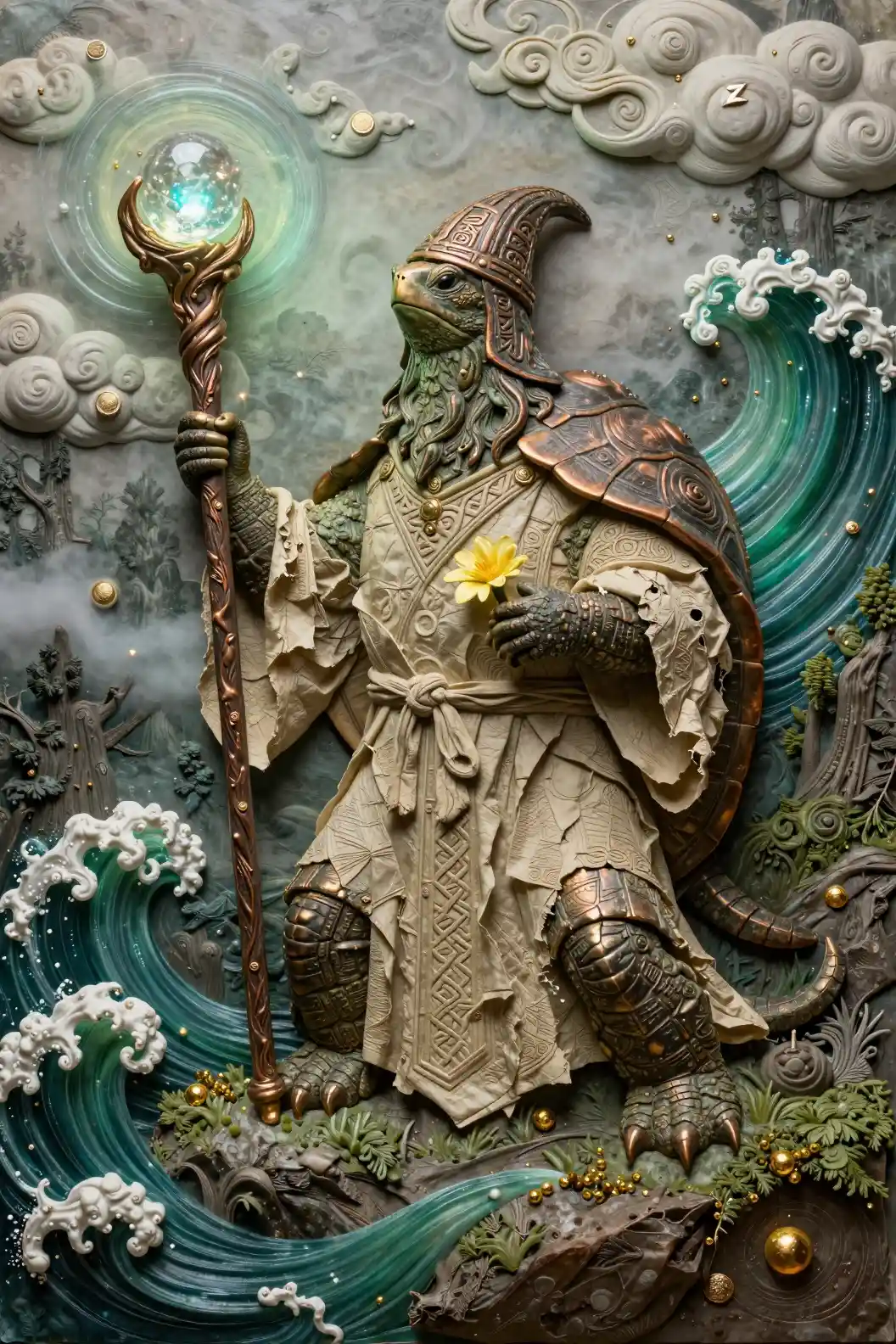 Mystical Turtle Wizard Sculpture In Enchanted Forest
