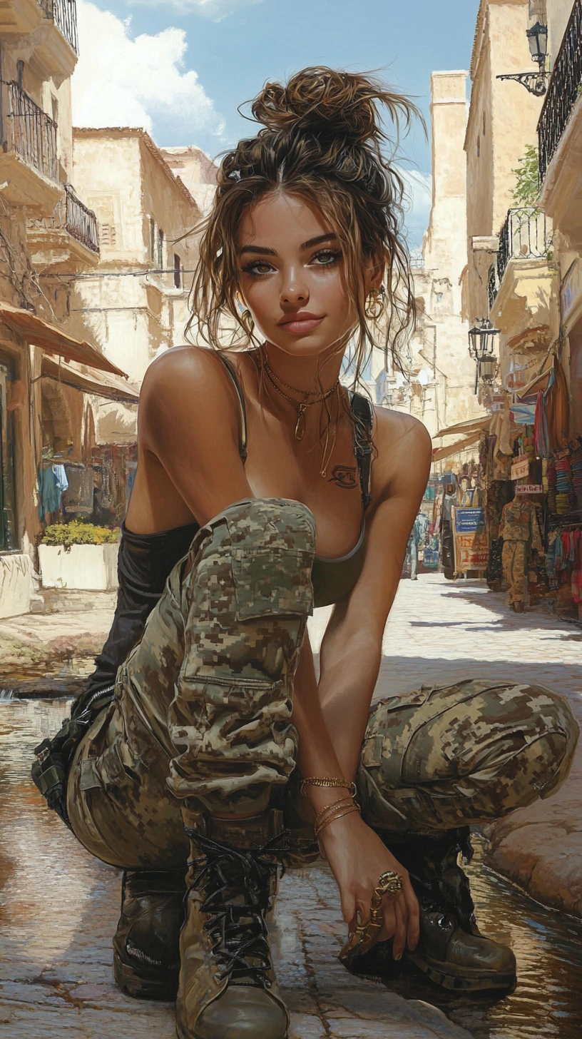 Femme fantastique souriante en tenue camouflage sur un boulevard marocain