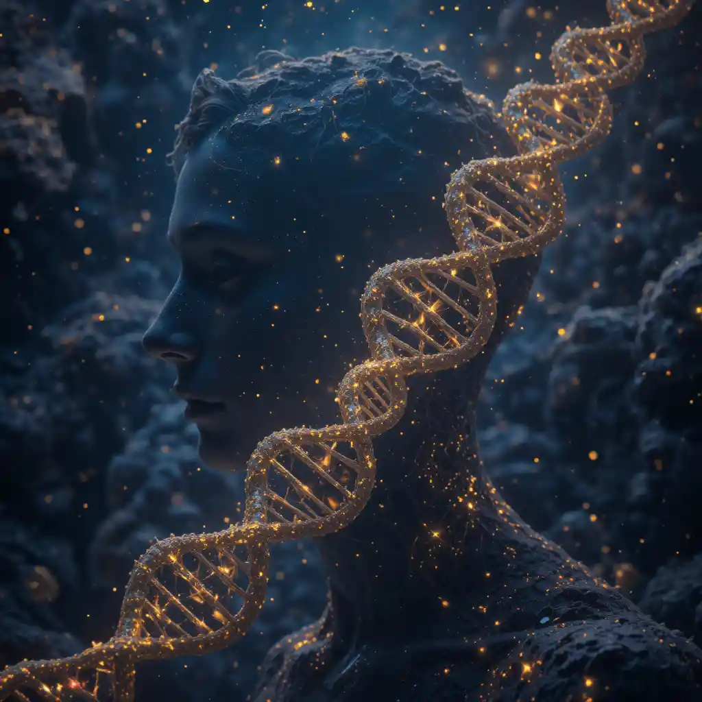 Golden humanoid dna figure in a deep cosmic galaxy