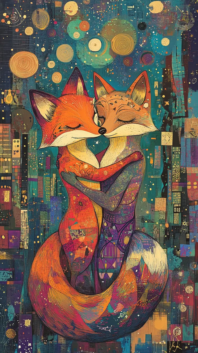 Whimsical fox couple dancing in abstract cityscape
