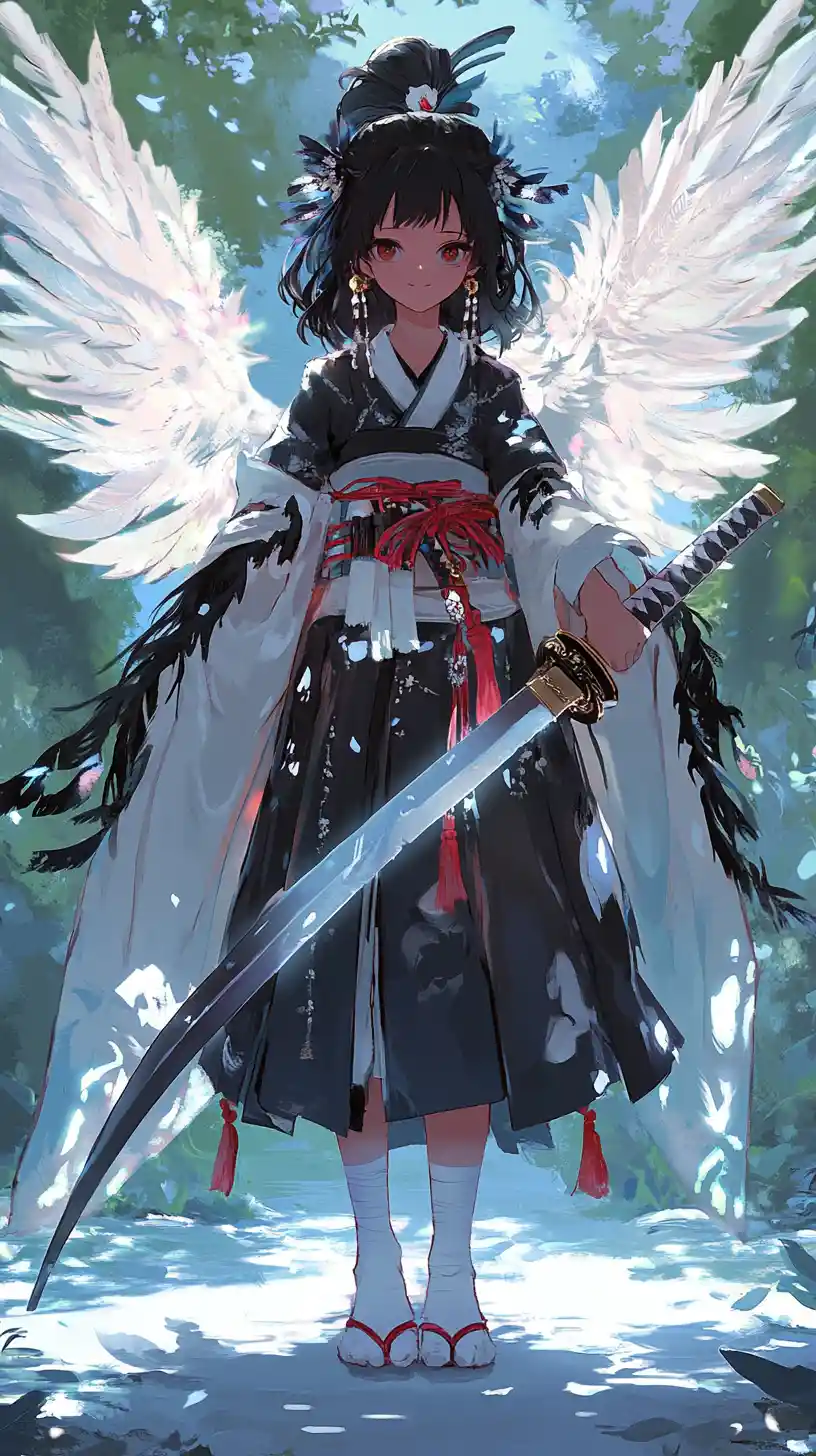 Fille d’anime avec katana sous un jardin de cristaux lumineux
